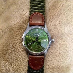 LOIS HILL Green Face Swiss Movement Watch Brown Leather Band (New) RARE UNISEX